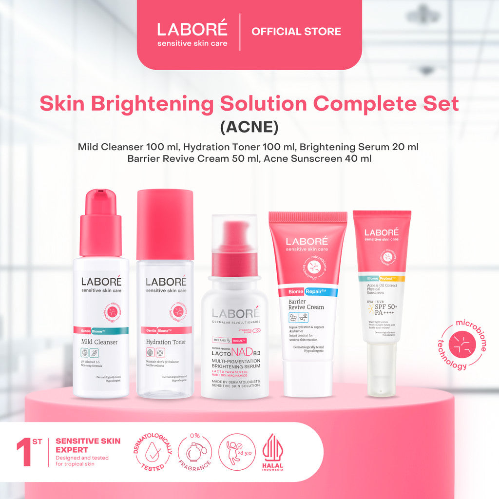 LABORE Skin Brightening Solution Complete Set - LABORE Sensitive Skin Care GentleBiome Mild Cleanser 100 ml | Hydration Toner 100 ml | LABORE Multi-Pigmentation Brightening Serum 20 ml | LABORE Barrier Revive Cream 50 ml | LABORE Physical Sunscreen 30 ml