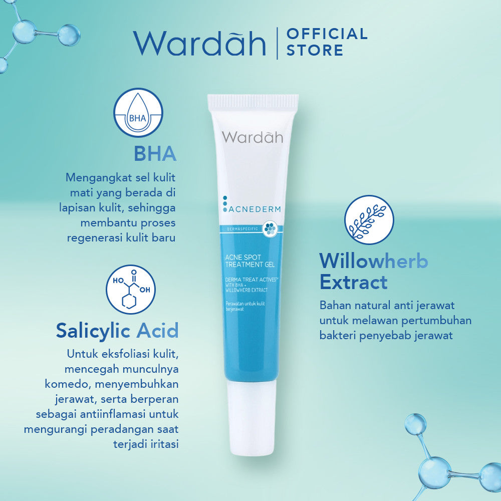WARDAH Acnederm Acne Spot Treatment Gel 15 ml - Totol Jerawat dengan BHA dan Willowherb Extracts - Menyamarkan Noda Bekas Jerawat dan Mengurangi Kemerahan - Skincare