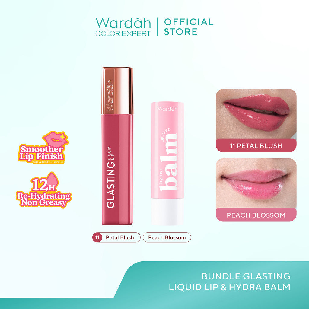 [BUNDLE] WARDAH Paket Hydrabalm Lip Care Peach Blossom 4 g + Glasting Liquid Lip / Matte Lip Cream - Lip Balm, Lip Cream, Lip Glossy, Liptik, Lipstik Tahan Air 24 Jam, Liquid Lipstick, Lip Balm Bibir, Lipstik Tahan Air dan Minyak - Pelembab Bibir