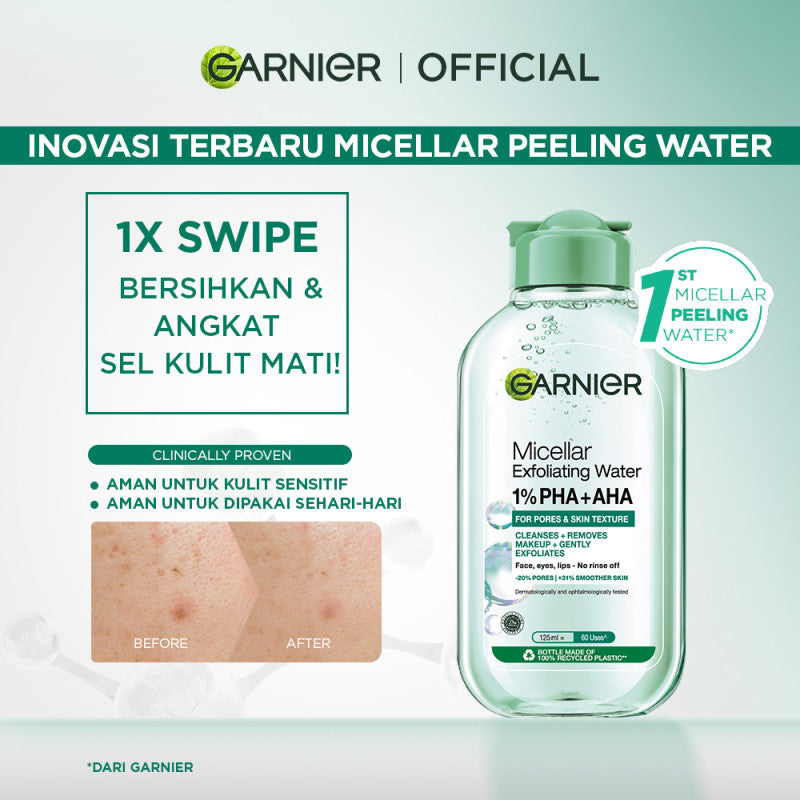 Garnier Micellar Peeling Water 1% AHA + PHA - 125ml (Pembersih Wajah & Make up untuk mengangkat sel kulit mati)