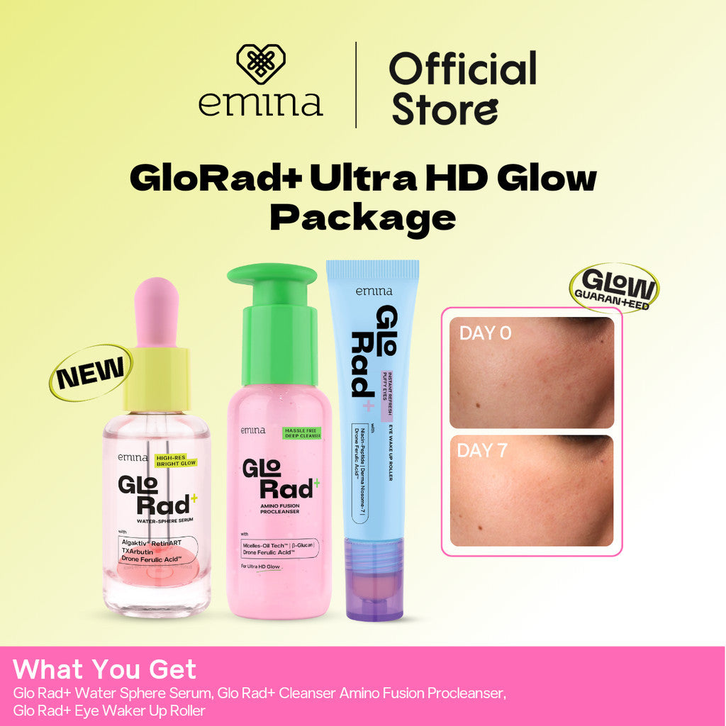 Emina [GLORAD+ Ultra HD Glow Package] - High-Res Bright Glow Water-Sphere Serum, Hassle Free Cleanser Amino Fusion ProCleanser, Instant Refresh Puffy Eyes Eye Wake Up Roller - Paket Skincare Cerah Glowing Sehat