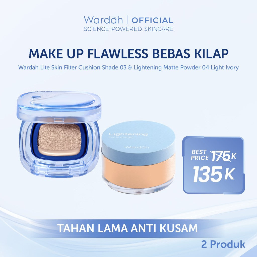 [NEW BUNDLE] Wardah Lite Skin Filter Cushion 11 g - Makeup Ringan Tahan 8 Jam Flawless Coverage Powder Foundation Glad Setting BB Cream Soft Satin & Glow | Two Way Cake, Loose Powder, Micellar Water, Airbrush Lip Tint | Light+ | Light Plus | Lightplus