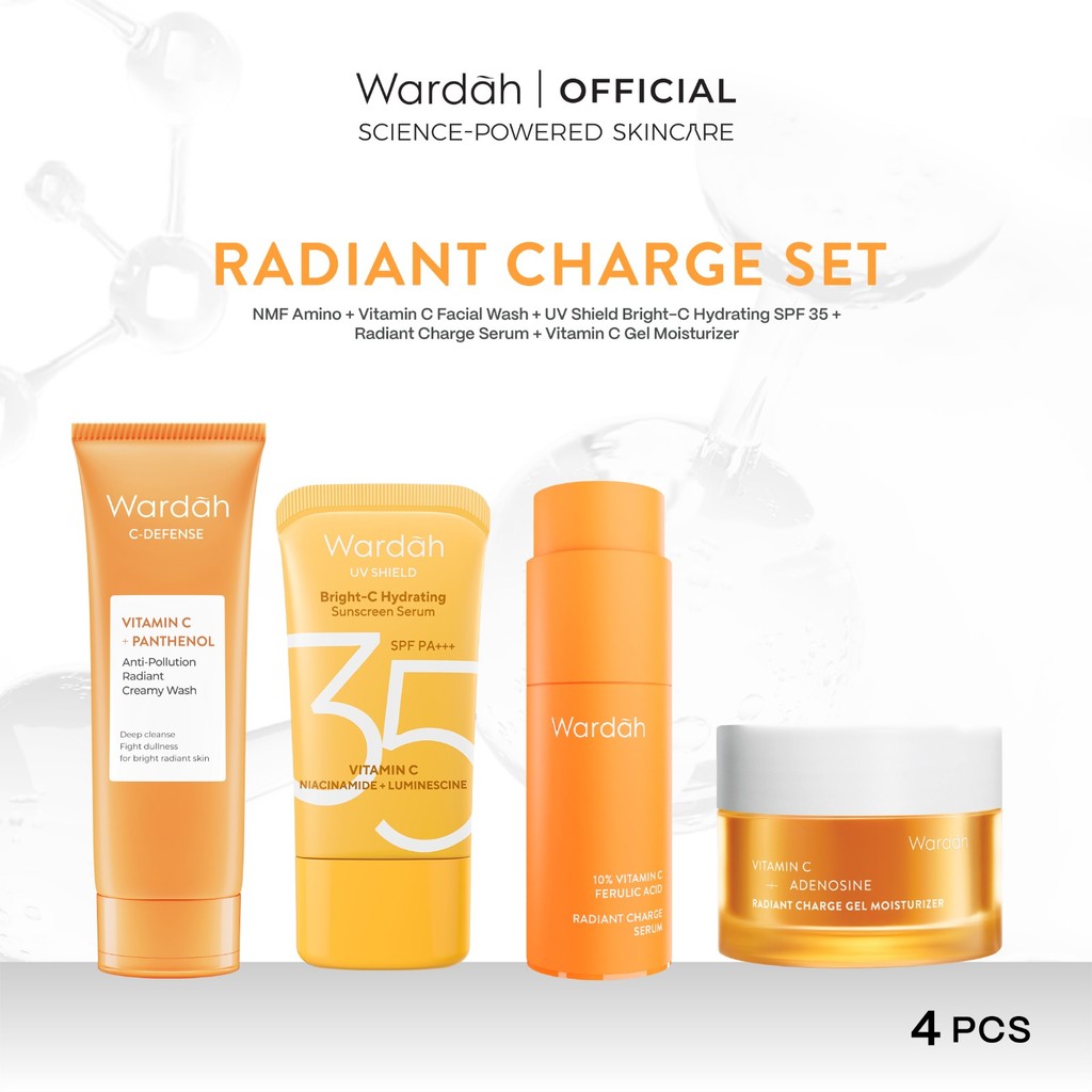 Wardah Paket 4 pcs Skincare Solusi Masalah Kulit - Face Wash, Moisturizer, Serum, & Sunscreen (Acnederm, Cica, Panthenol, UV Shield, Amino Facial Wash, Airy, Crystal Secret, Lightening, Day Cream) - Skincare