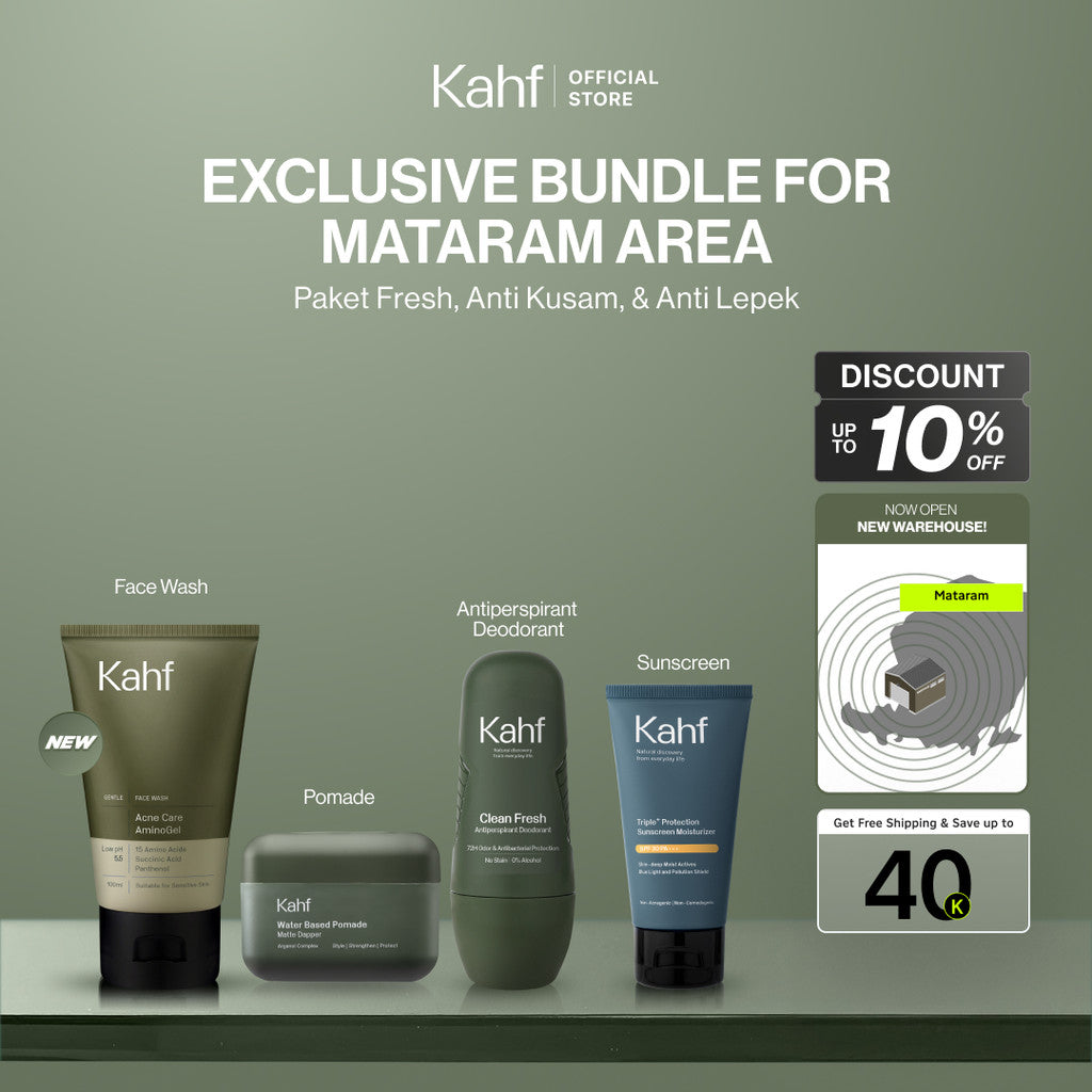 [EXCLUSIVE BUNDLE FOR MATARAM AREA] Kahf 4in1 Paket Paket Fresh, Anti Kusam, & Anti Lepek (Face Wash + Sunscreen + Pomade + Body Wash) - Approved by Barber & Suitable for Daily Use