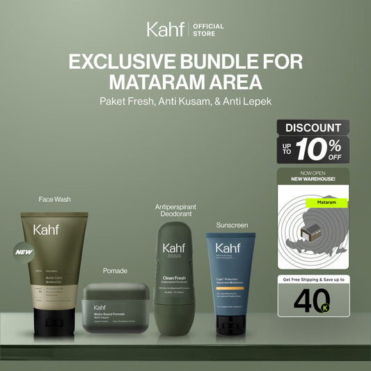 [EXCLUSIVE BUNDLE FOR MATARAM AREA] Kahf 4in1 Paket Paket Fresh, Anti Kusam, & Anti Lepek (Face Wash + Sunscreen + Pomade + Body Wash) - Approved by Barber & Suitable for Daily Use