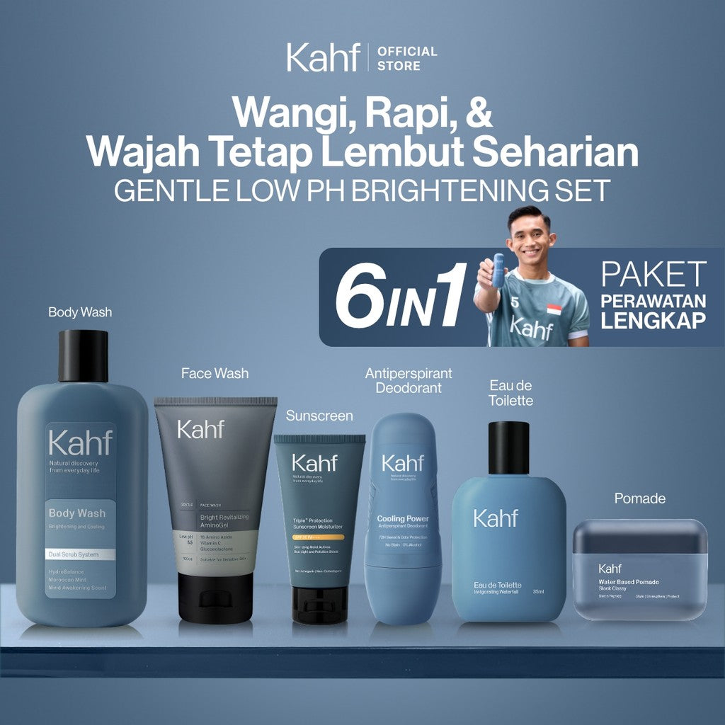[KAHF BUNDLE 6IN1 PAKET PERAWATAN LENGKAP : WANGI, RAPI, & WAJAH TETAP LEMBUT SEHARIAN] Paket Complete Grooming (Face Wash + Sunscreen Moisturizer + Body Wash + Deodorant + EDT + Pomade/Hair Powder) - Approved by Barber and Suitable for Daily Use