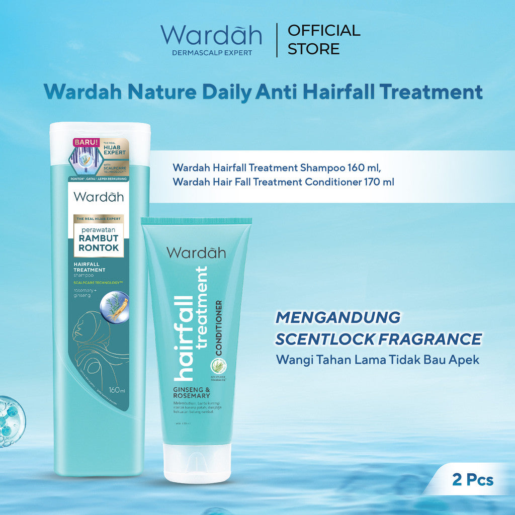 Wardah Nature Daily Paket Anti Hairfall Treatment - Shampoo 160 ml & Conditioner 170 ml - Mengandung ScentLock Fragrance - Wangi Tahan Lama Tidak Bau Apek
