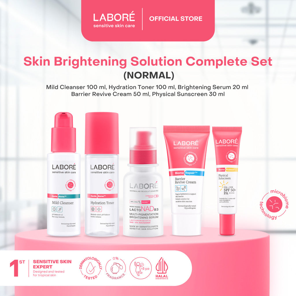LABORE Skin Brightening Solution Complete Set - LABORE Sensitive Skin Care GentleBiome Mild Cleanser 100 ml | Hydration Toner 100 ml | LABORE Multi-Pigmentation Brightening Serum 20 ml | LABORE Barrier Revive Cream 50 ml | LABORE Physical Sunscreen 30 ml
