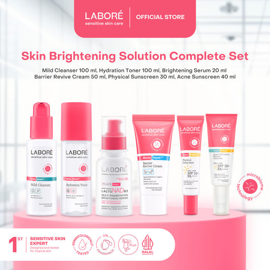 LABORE Skin Brightening Solution Complete Set - LABORE Sensitive Skin Care GentleBiome Mild Cleanser 100 ml | Hydration Toner 100 ml | LABORE Multi-Pigmentation Brightening Serum 20 ml | LABORE Barrier Revive Cream 50 ml | LABORE Physical Sunscreen 30 ml