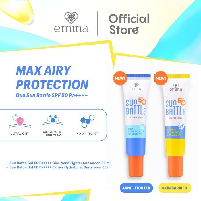 Emina Sunscreen Indoor & Outdoor SPF 35 Amino Vit. C Bright Glow & SPF 50 Cica Acne Fighter atau SPF 50 Ceramide Skin Barrier  [Teruji In Vivo, Non acnegenic, Non comedogenic, Ringan, Cerah, Hydrating]