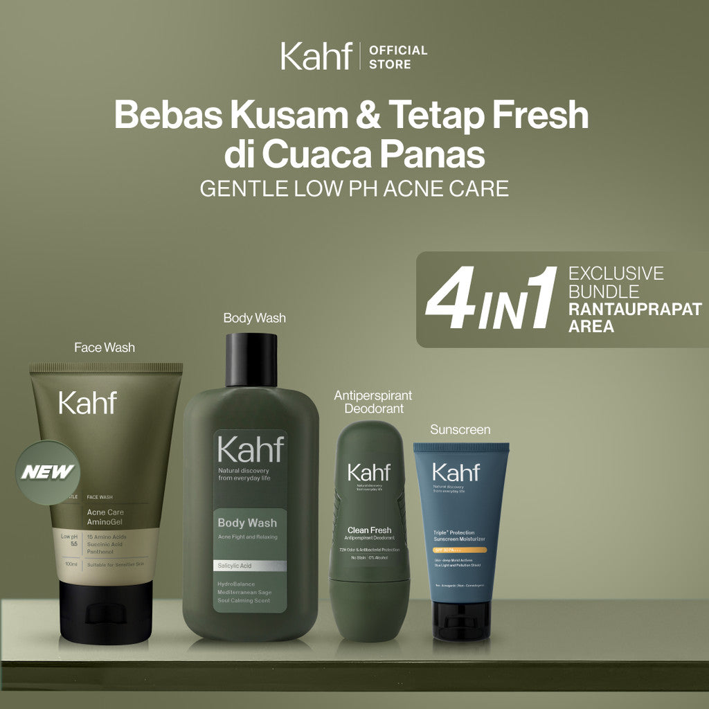 [EXCLUSIVE BUNDLE FOR RANTAUPRAPAT AREA] Kahf 4in1 Paket Bebas Kusam & Tetap Fresh di Cuaca Panas (Face Wash + Sunscreen + Deodorant + Body Wash) - Suitable for Daily Use