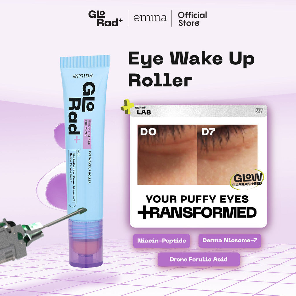 Emina [GLORAD+ Ultra HD Glow Package] - High-Res Bright Glow Water-Sphere Serum, Hassle Free Cleanser Amino Fusion ProCleanser, Instant Refresh Puffy Eyes Eye Wake Up Roller - Paket Skincare Cerah Glowing Sehat