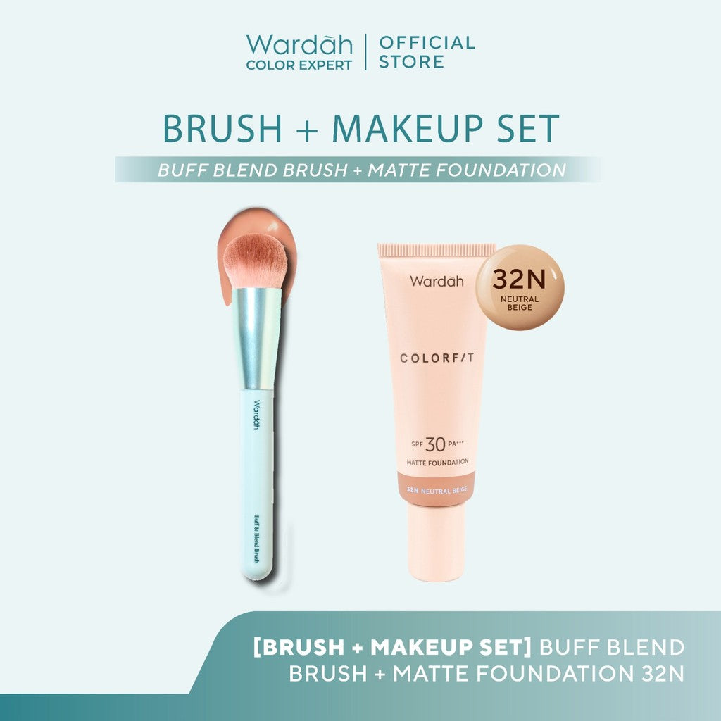 Wardah Halal Tool Brush – Wardah Buff & Blend Brush, Wardah Set & Finishing Brush, Wardah Beauty Blender – Colorfit Matte Foundation, Colorfit HD Blurify Loose Powder – Bundle Brush Set – Make Up Tools - Brush - Wardah Make Up Kit - Makeup