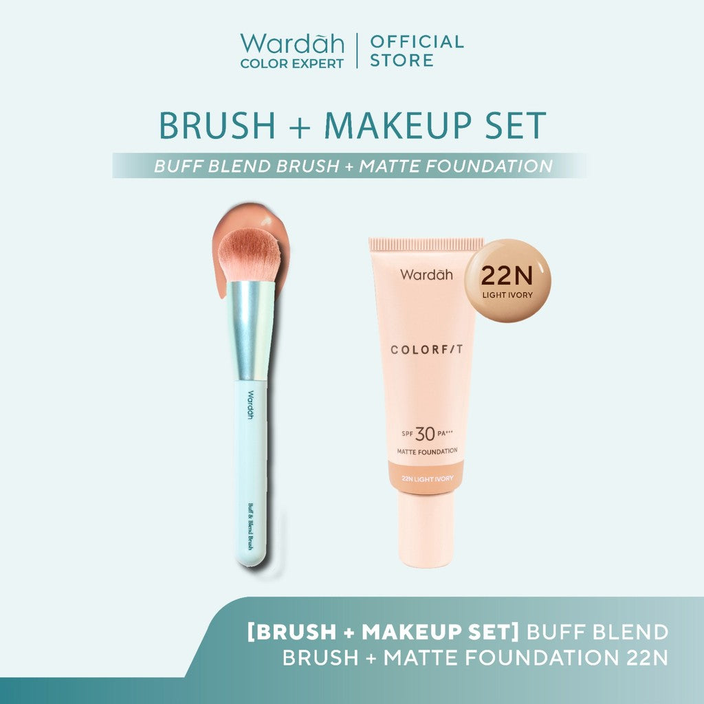 Wardah Halal Tool Brush – Wardah Buff & Blend Brush, Wardah Set & Finishing Brush, Wardah Beauty Blender – Colorfit Matte Foundation, Colorfit HD Blurify Loose Powder – Bundle Brush Set – Make Up Tools - Brush - Wardah Make Up Kit - Makeup