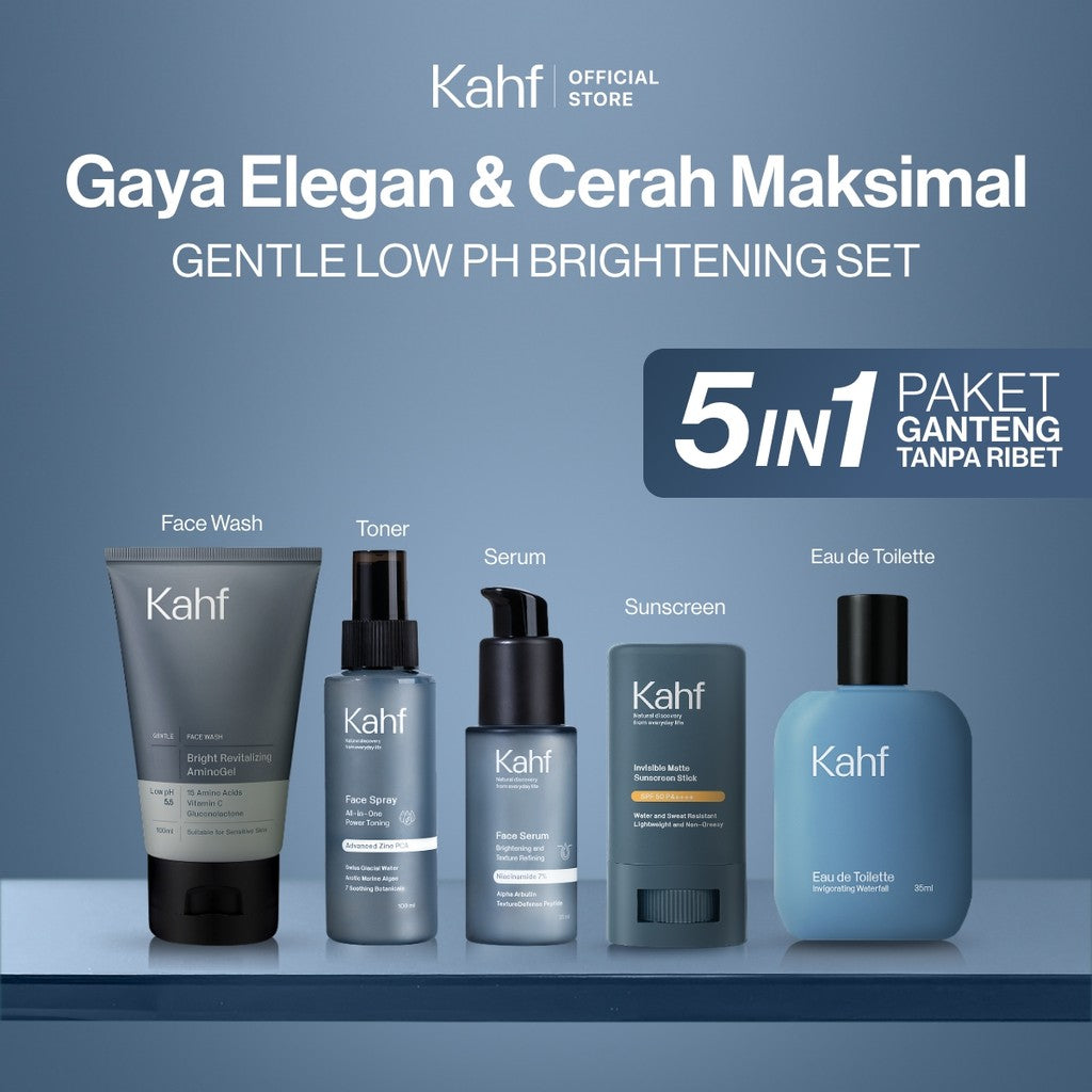 [KAHF BUNDLE 5IN1 PAKET GANTENG TANPA RIBET : GAYA ELEGAN & CERAH MAKSIMAL] Paket Complete Set (Face Wash + Toner + Serum + Sunscreen Stick + Eau de Toilette) - Suitable for Daily Use