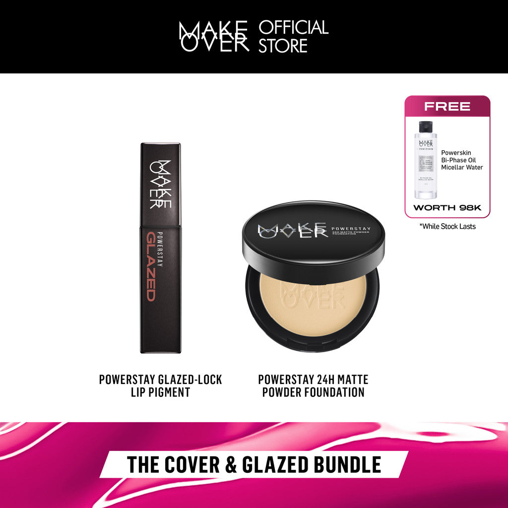 MAKE OVER The Powder and Glazed: Powerstay 24H Matte Powder Foundation + Powerstay Glazed Lock Lip Pigment - Paket Bedak Lip Cream Tahan Lama Pigmented Cover Flawless Ringan Oil Control BEST SELLER