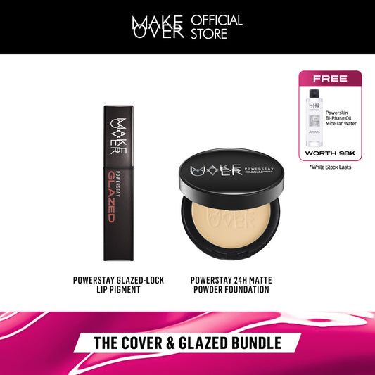 MAKE OVER The Powder and Glazed: Powerstay 24H Matte Powder Foundation + Powerstay Glazed Lock Lip Pigment - Paket Bedak Lip Cream Tahan Lama Pigmented Cover Flawless Ringan Oil Control BEST SELLER