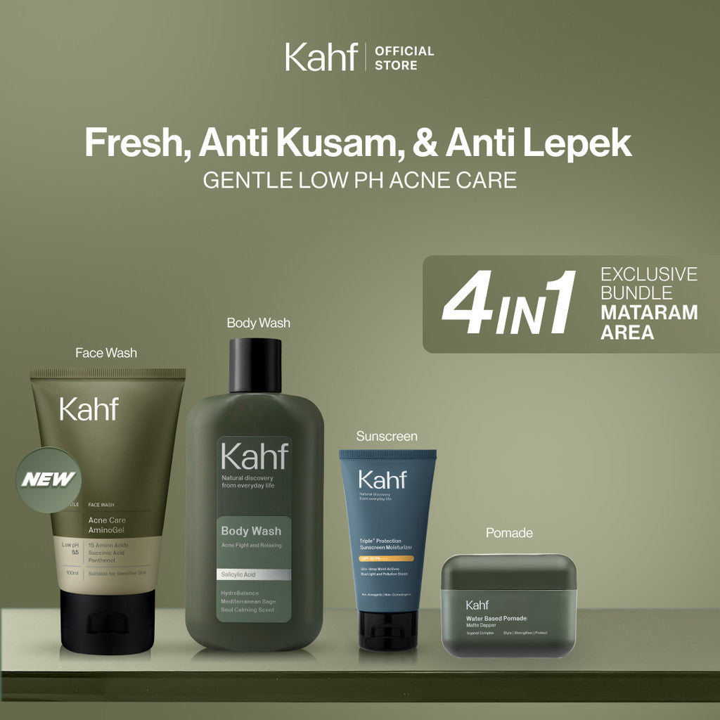 [EXCLUSIVE BUNDLE FOR MATARAM AREA] Kahf 4in1 Paket Paket Fresh, Anti Kusam, & Anti Lepek (Face Wash + Sunscreen + Pomade + Body Wash) - Approved by Barber & Suitable for Daily Use