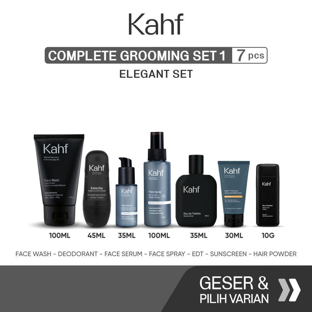 [KAHF BUNDLE 7IN1 PAKET PERAWATAN LENGKAP : WAJAH CERAH, ANTI KETARIK, & SIAP TAMPIL]  Paket Complete Grooming (Face Wash + Toner + Serum + Sunscreen Moisturizer + Deodorant + EDT + Pomade/Hair Powder) - Approved by Barber and Suitable for Daily Use