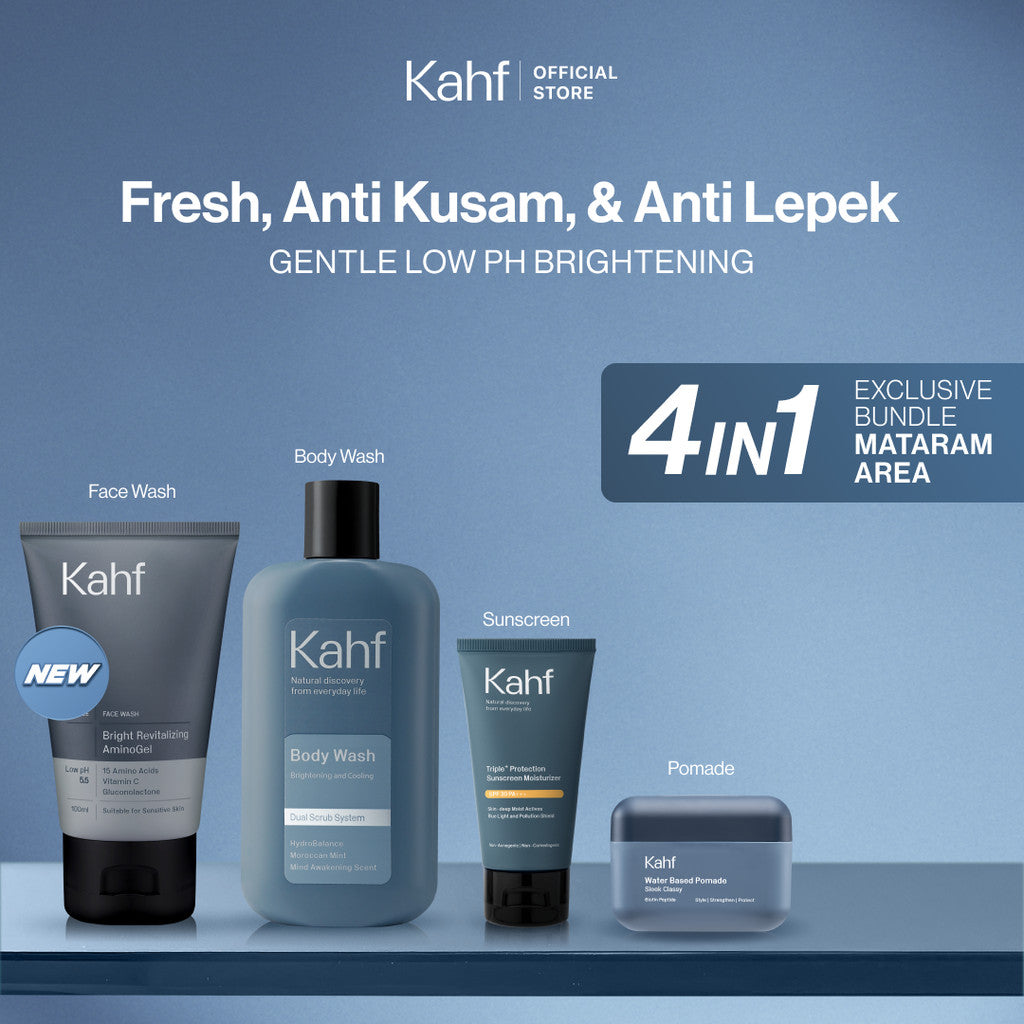 [EXCLUSIVE BUNDLE FOR MATARAM AREA] Kahf 4in1 Paket Paket Fresh, Anti Kusam, & Anti Lepek (Face Wash + Sunscreen + Pomade + Body Wash) - Approved by Barber & Suitable for Daily Use