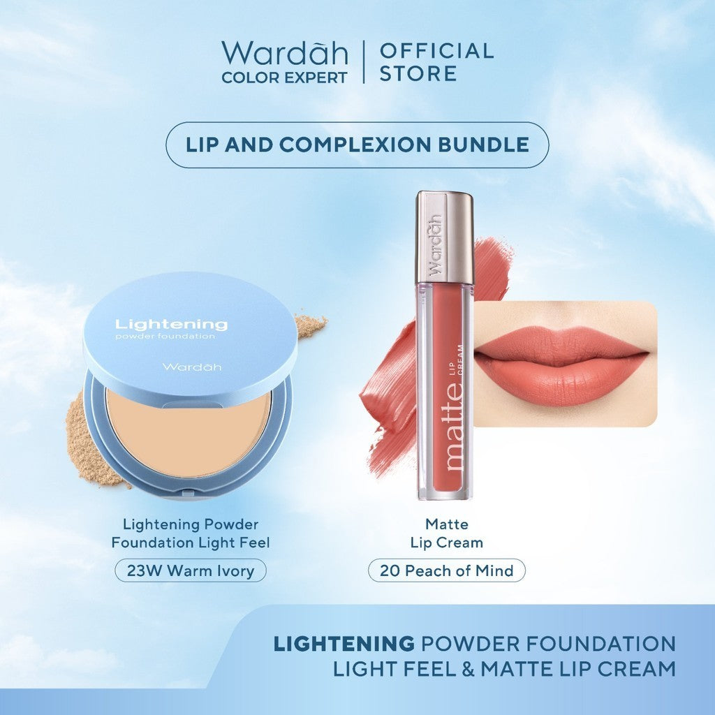 [BUNDLE] WARDAH Paket Lightening Powder Foundation Light Feel + Matte Lip Cream - Makeup - Cocok Dipakai dengan Cushion