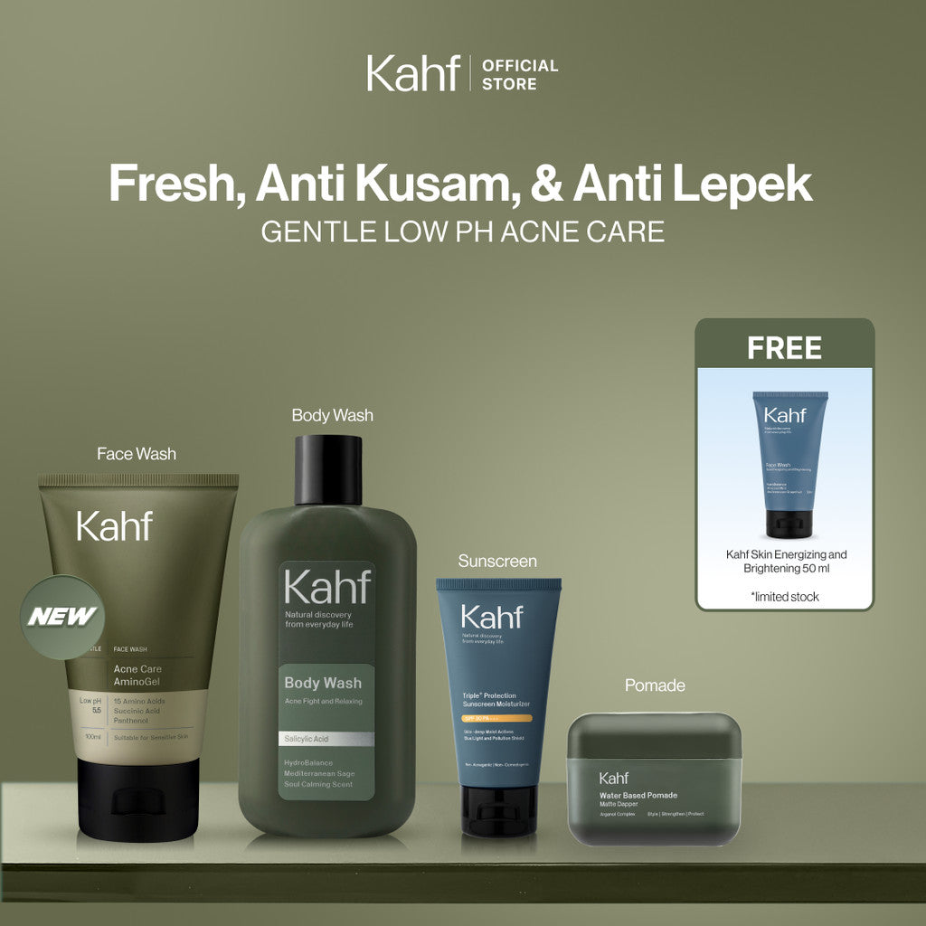 [EXCLUSIVE BUNDLE FOR MATARAM AREA] Kahf 4in1 Paket Paket Fresh, Anti Kusam, & Anti Lepek (Face Wash + Sunscreen + Pomade + Body Wash) - Approved by Barber & Suitable for Daily Use