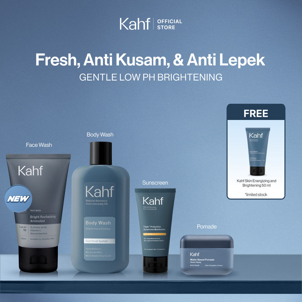 [EXCLUSIVE BUNDLE FOR MATARAM AREA] Kahf 4in1 Paket Paket Fresh, Anti Kusam, & Anti Lepek (Face Wash + Sunscreen + Pomade + Body Wash) - Approved by Barber & Suitable for Daily Use