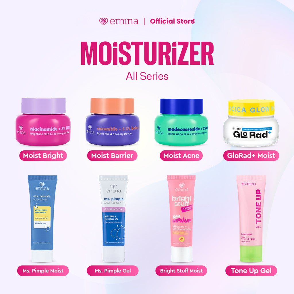 Emina Moisturizer All Series - Water Moisturizer Gel, Moisturizing Cream, GloRad+ Hyalucica Moisturizer Gel, Ms. Pimple Acne Moisturizing Gel - Moisturizer, Melembapkan, Mencerahkan, Memperbaiki Skin Barrier, Meredakan jerawat, Cocok Semua Jenis Kulit