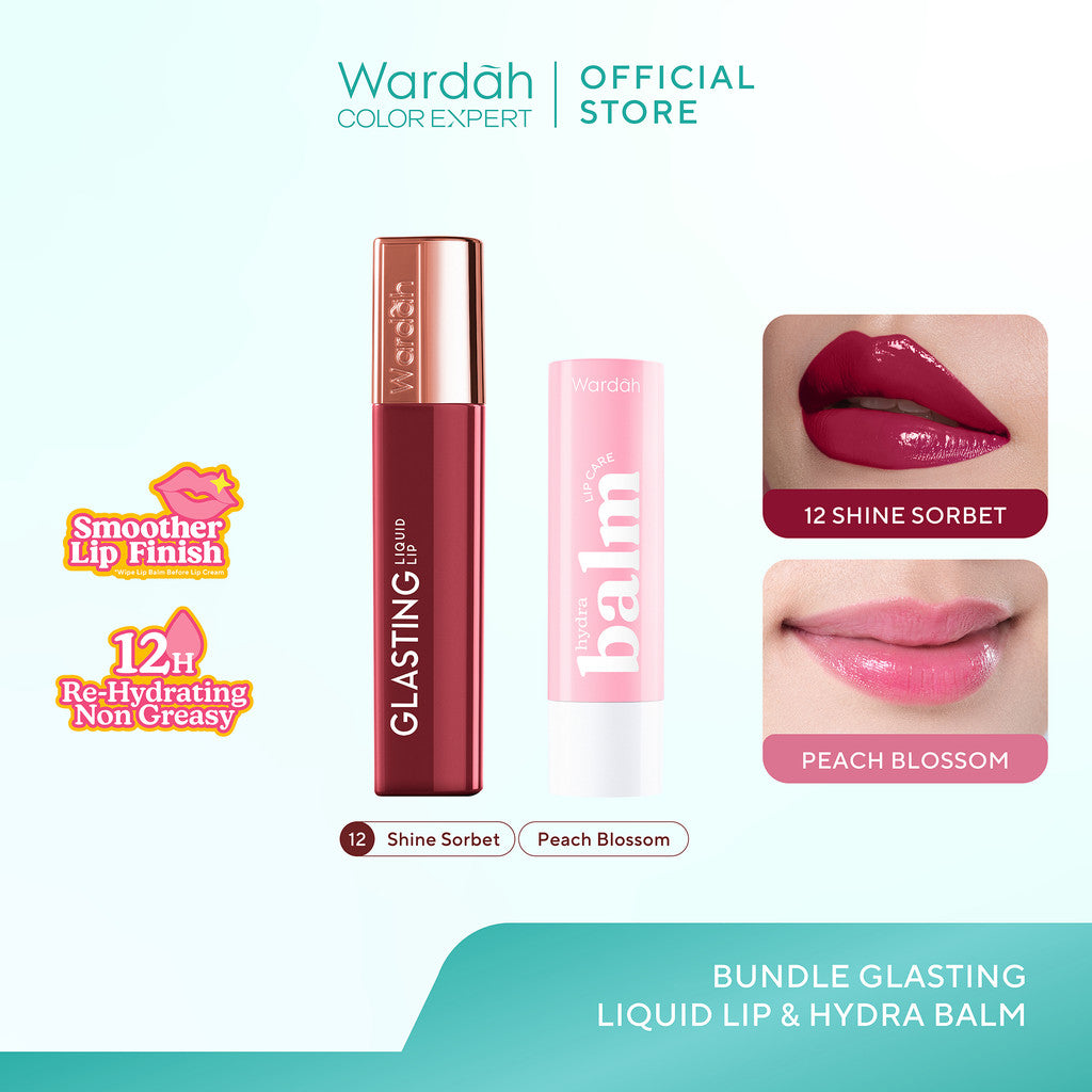 [BUNDLE] WARDAH Paket Hydrabalm Lip Care Peach Blossom 4 g + Glasting Liquid Lip / Matte Lip Cream - Lip Balm, Lip Cream, Lip Glossy, Liptik, Lipstik Tahan Air 24 Jam, Liquid Lipstick, Lip Balm Bibir, Lipstik Tahan Air dan Minyak - Pelembab Bibir