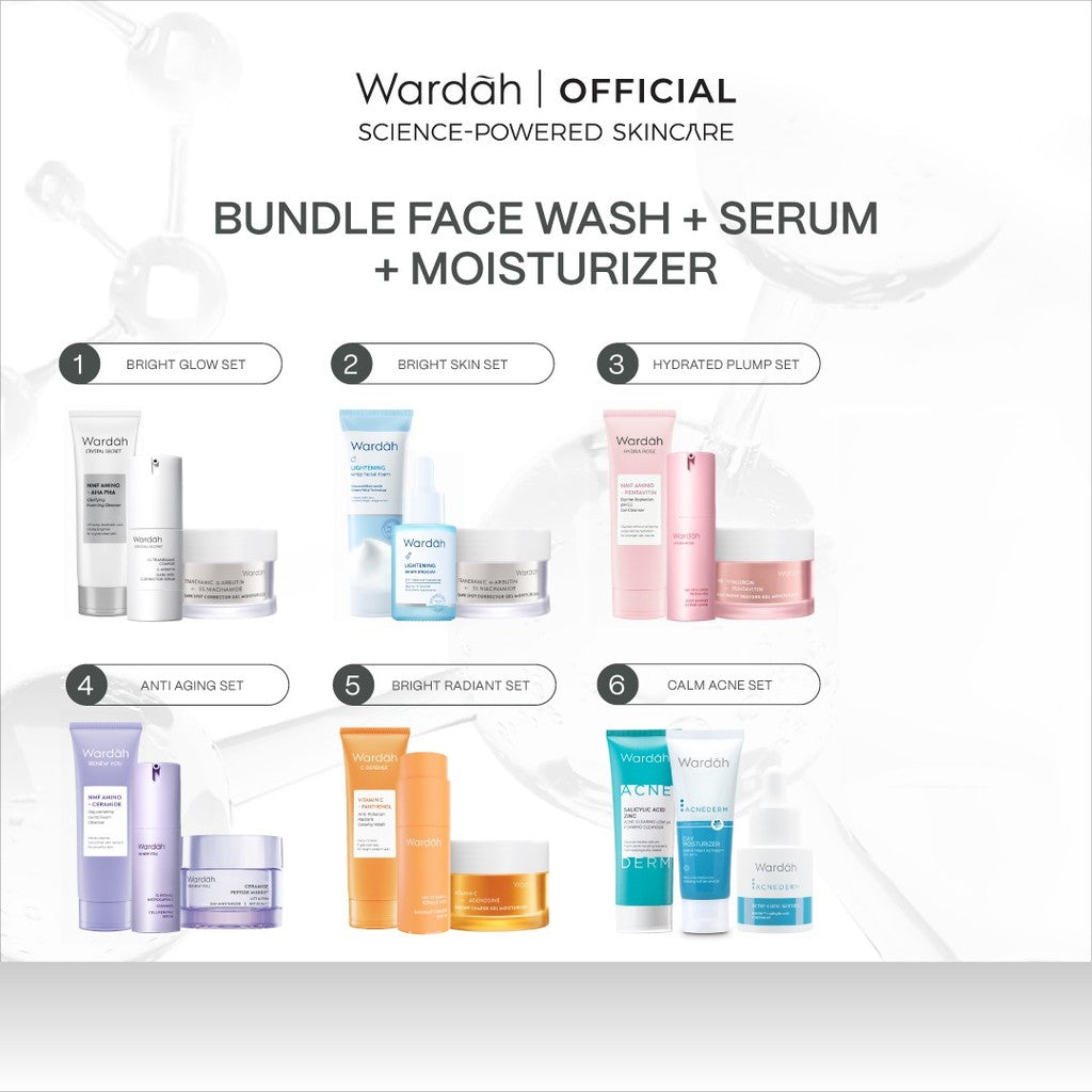 WARDAH Paket 3 Pcs [Gel Moisturizer, Face Wash, dan Serum/Toner] - Bright Radiant, Bright Glowing, Calm Acne, Hydrated Plump, Nature Daily, Renew You, Lightening, Nature Daily Cica Aloe - Skincare