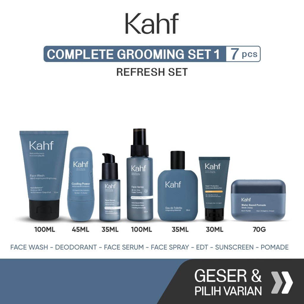 [KAHF BUNDLE 7IN1 PAKET PERAWATAN LENGKAP : WAJAH CERAH, ANTI KETARIK, & SIAP TAMPIL]  Paket Complete Grooming (Face Wash + Toner + Serum + Sunscreen Moisturizer + Deodorant + EDT + Pomade/Hair Powder) - Approved by Barber and Suitable for Daily Use
