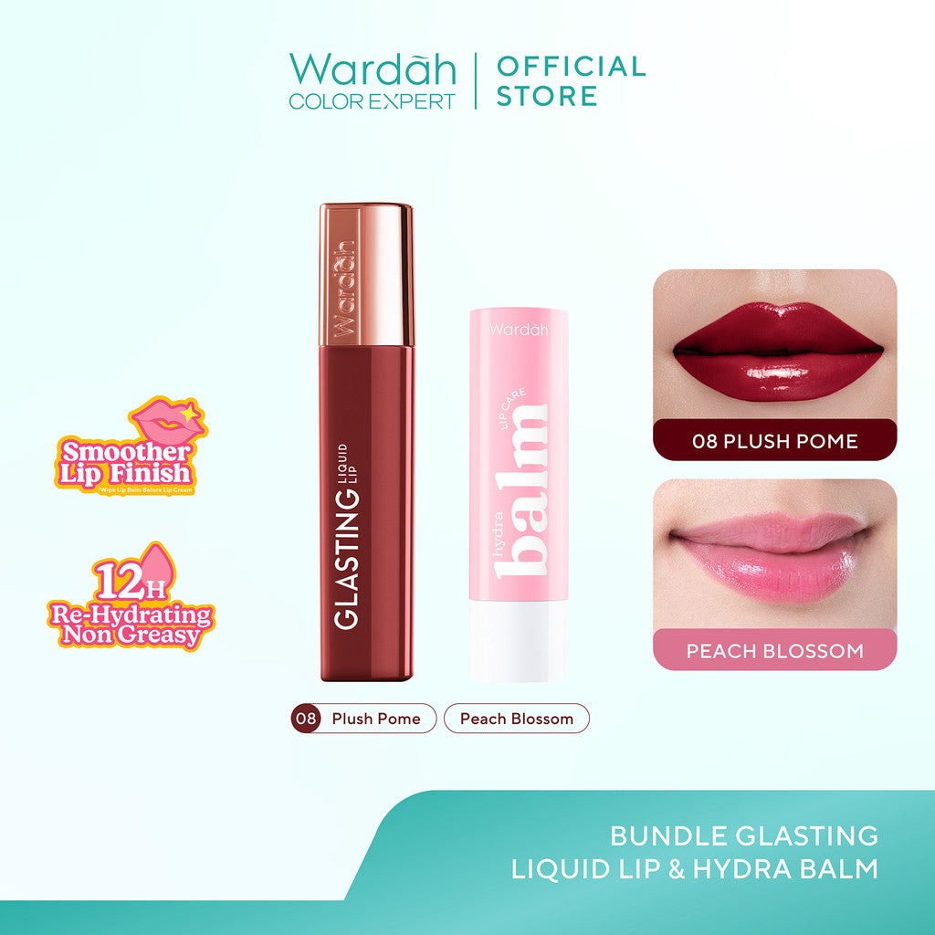 [BUNDLE] WARDAH Paket Hydrabalm Lip Care Peach Blossom 4 g + Glasting Liquid Lip / Matte Lip Cream - Lip Balm, Lip Cream, Lip Glossy, Liptik, Lipstik Tahan Air 24 Jam, Liquid Lipstick, Lip Balm Bibir, Lipstik Tahan Air dan Minyak - Pelembab Bibir