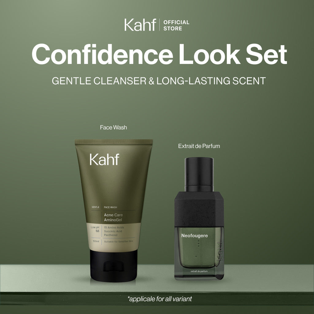 [2IN1 DAILY GENTLE CLEANSER & LONG-LASTING SCENT SET] Kahf Paket Confidence Look (Extrait de Parfum + Face Wash Amino Gel) - Parfum Pria Wangi Tahan Lama dan Sabun Cuci Muka Low pH Cocok untuk Kulit Sensitif - Suitable for Daily Use