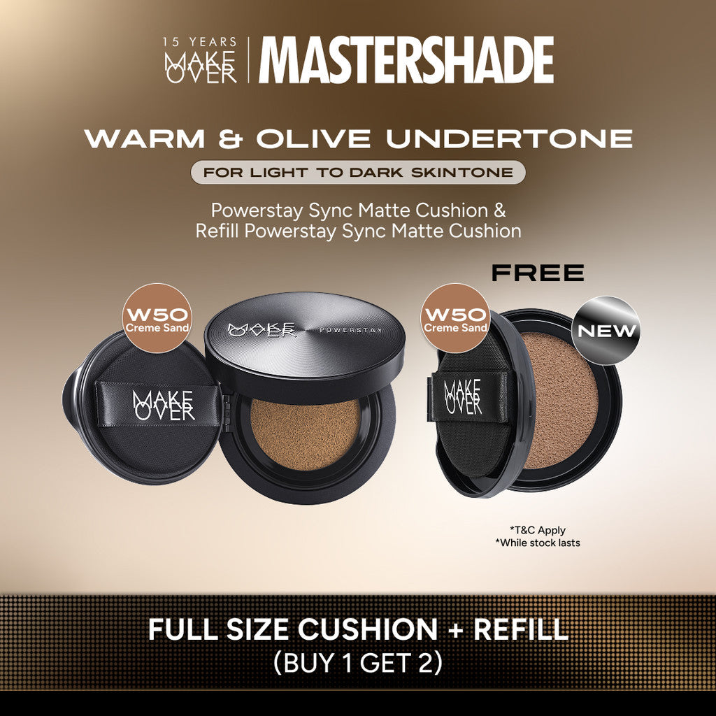 [HARGA TERMURAH! BUY 1 GET 2] MAKE OVER Powerstay Sync Matte Cushion + REFILL  - Smart AI Matte Cushion High Coverage Zero Oxidation Oil Control Foundation Compact Makeup Concealer Skin Tint long lasting time less stain with euphoria