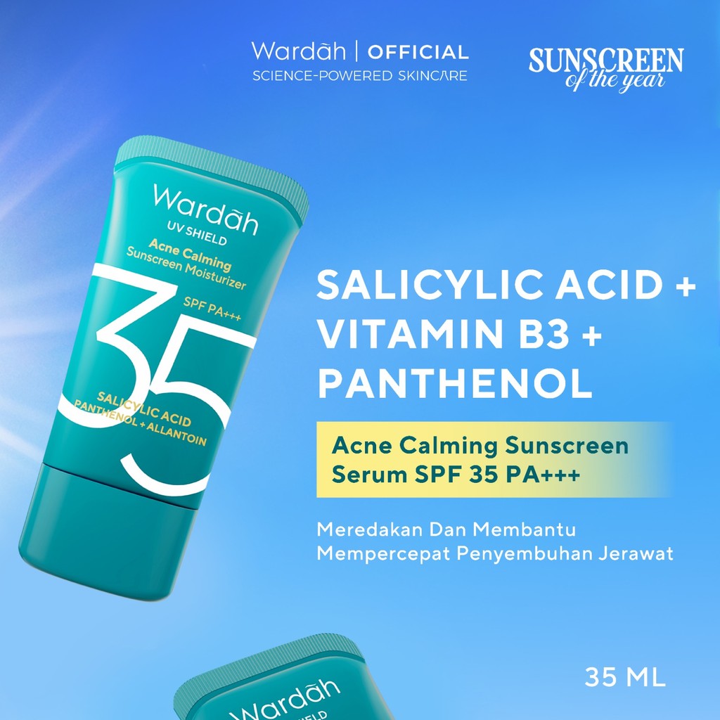 WARDAH UV Shield Acne Calming Sunscreen Moisturizer SPF 35 PA untuk komedo jerawat dan bekas jerawat kulit berminyak tekstur gel ringan mudah meresap Skincare