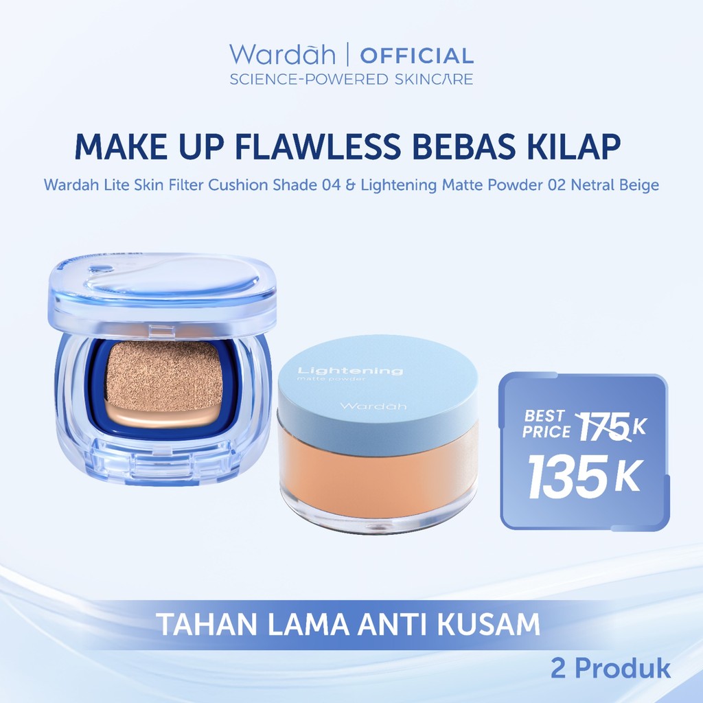 [NEW BUNDLE] Wardah Lite Skin Filter Cushion 11 g - Makeup Ringan Tahan 8 Jam Flawless Coverage Powder Foundation Glad Setting BB Cream Soft Satin & Glow | Two Way Cake, Loose Powder, Micellar Water, Airbrush Lip Tint | Light+ | Light Plus | Lightplus