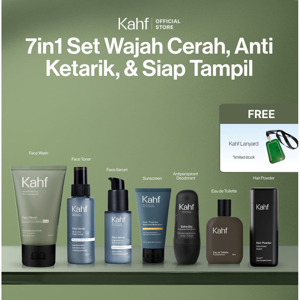 [KAHF BUNDLE 7IN1 PAKET PERAWATAN LENGKAP : WAJAH CERAH, ANTI KETARIK, & SIAP TAMPIL]  Paket Complete Grooming (Face Wash + Toner + Serum + Sunscreen Moisturizer + Deodorant + EDT + Pomade/Hair Powder) - Approved by Barber and Suitable for Daily Use