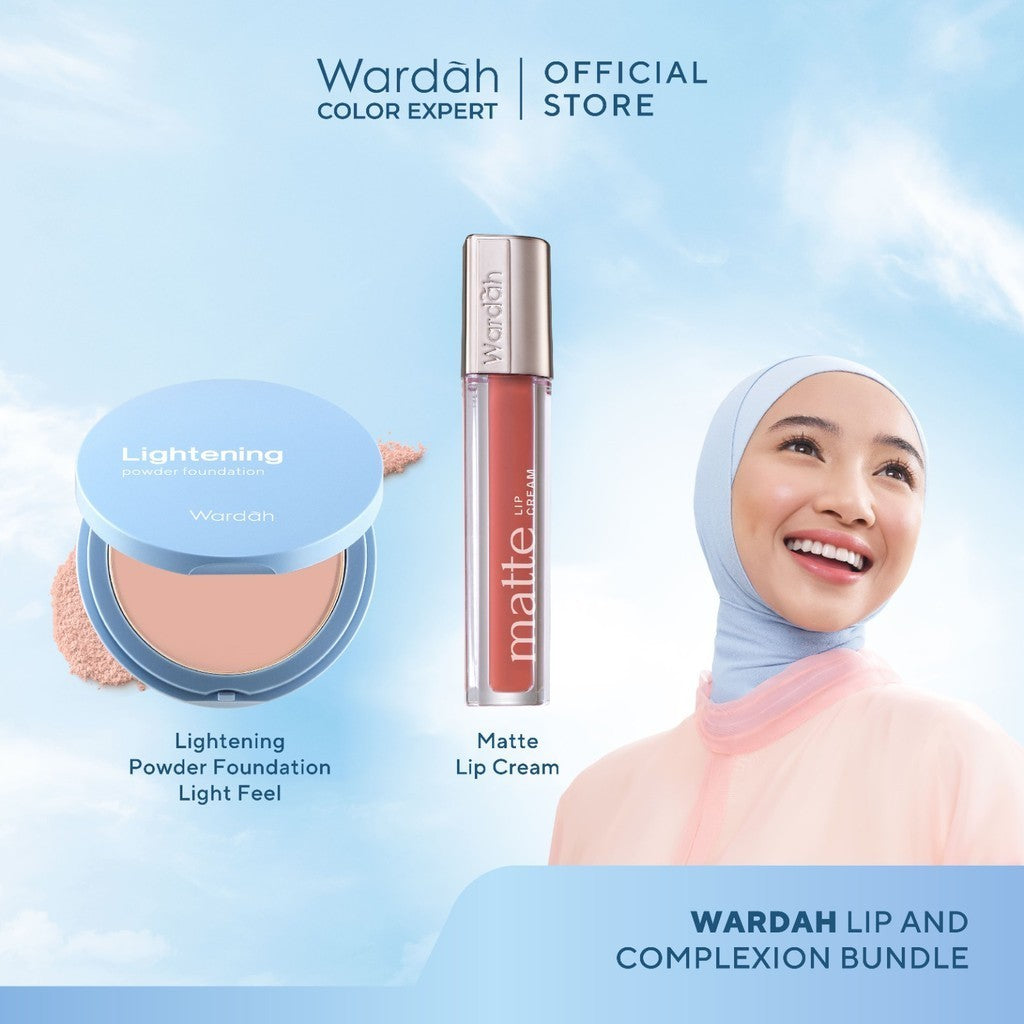 [BUNDLE] WARDAH Paket Lightening Powder Foundation Light Feel + Matte Lip Cream - Makeup - Cocok Dipakai dengan Cushion