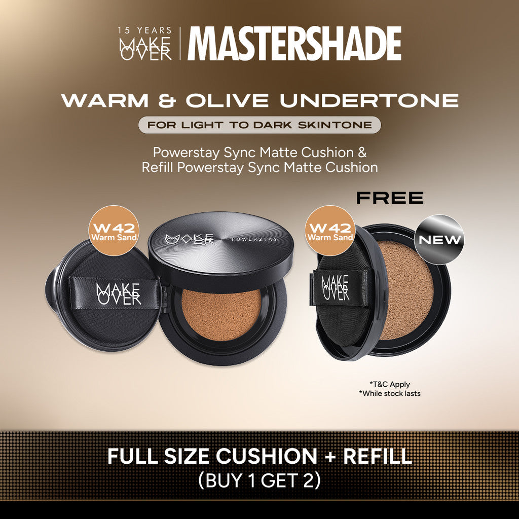 [HARGA TERMURAH! BUY 1 GET 2] MAKE OVER Powerstay Sync Matte Cushion + REFILL  - Smart AI Matte Cushion High Coverage Zero Oxidation Oil Control Foundation Compact Makeup Concealer Skin Tint long lasting time less stain with euphoria