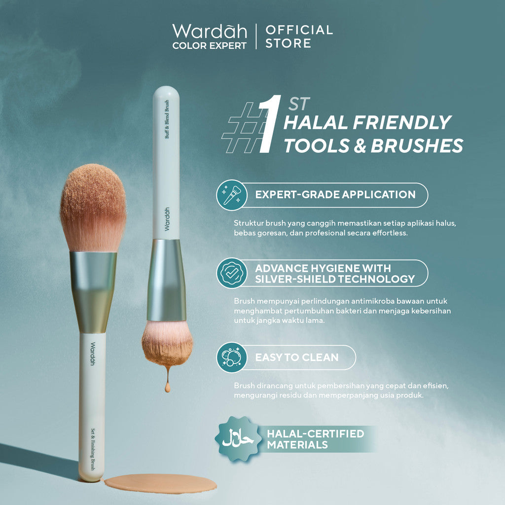 Wardah Halal Tool Brush – Wardah Buff & Blend Brush, Wardah Set & Finishing Brush, Wardah Beauty Blender – Colorfit Matte Foundation, Colorfit HD Blurify Loose Powder – Bundle Brush Set – Make Up Tools - Brush - Wardah Make Up Kit - Makeup