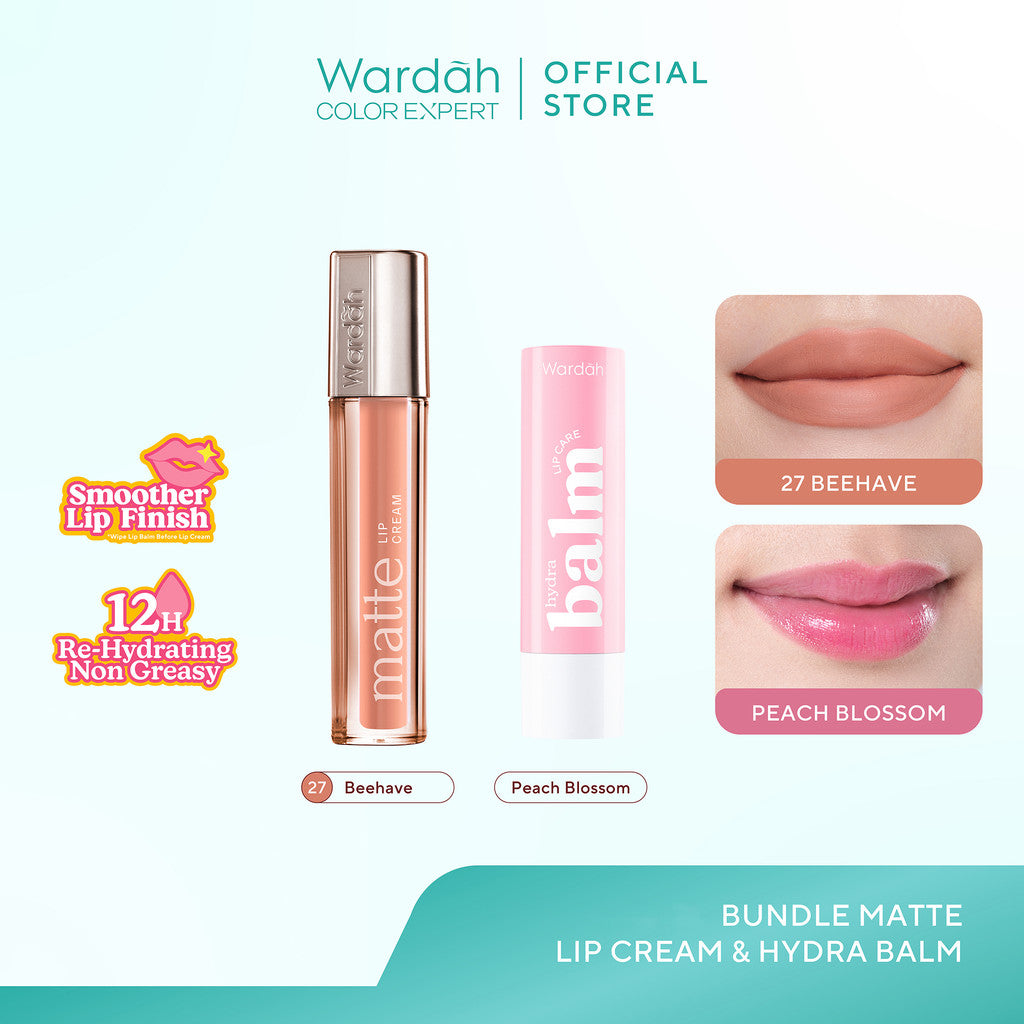 [BUNDLE] WARDAH Paket Hydrabalm Lip Care Peach Blossom 4 g + Glasting Liquid Lip / Matte Lip Cream - Lip Balm, Lip Cream, Lip Glossy, Liptik, Lipstik Tahan Air 24 Jam, Liquid Lipstick, Lip Balm Bibir, Lipstik Tahan Air dan Minyak - Pelembab Bibir