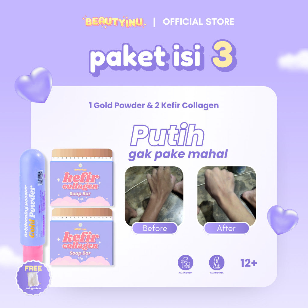 Beautyinu Kefir Collagen Soap Bar & Brightening Booster Gold Powder Paket Isi 3