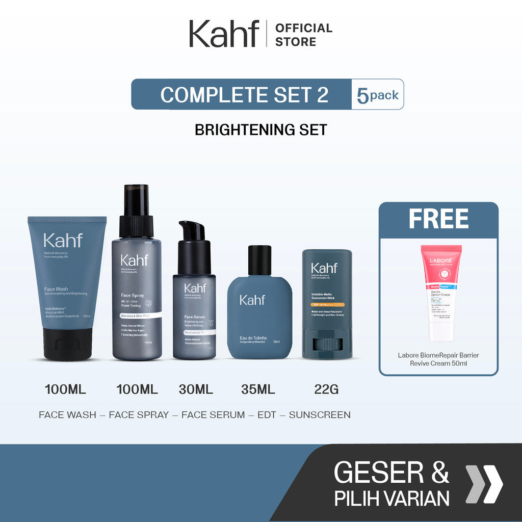 [KAHF BUNDLE 5IN1 PAKET GANTENG TANPA RIBET : GAYA ELEGAN & CERAH MAKSIMAL] Paket Complete Set (Face Wash + Toner + Serum + Sunscreen Stick + Eau de Toilette) - Suitable for Daily Use