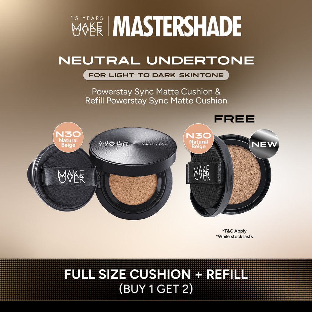[HARGA TERMURAH! BUY 1 GET 2] MAKE OVER Powerstay Sync Matte Cushion + REFILL  - Smart AI Matte Cushion High Coverage Zero Oxidation Oil Control Foundation Compact Makeup Concealer Skin Tint long lasting time less stain with euphoria