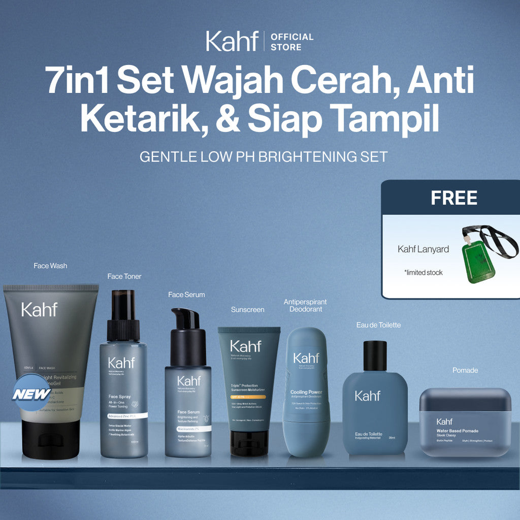 [KAHF BUNDLE 7IN1 PAKET PERAWATAN LENGKAP : WAJAH CERAH, ANTI KETARIK, & SIAP TAMPIL]  Paket Complete Grooming (Face Wash + Toner + Serum + Sunscreen Moisturizer + Deodorant + EDT + Pomade/Hair Powder) - Approved by Barber and Suitable for Daily Use