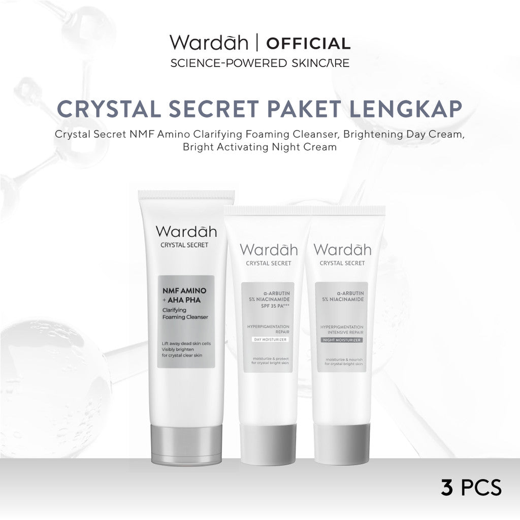 [EXCLUSIVE EKA MULYANI] WARDAH Paket Crystal Secret Lengkap - Crystal Secret NMF Amino + AHA PHA Clarifying Foaming Cleanser, Crystal Secret Brightening Day Cream, Crystal Secret Bright Activating Night Cream - Skincare