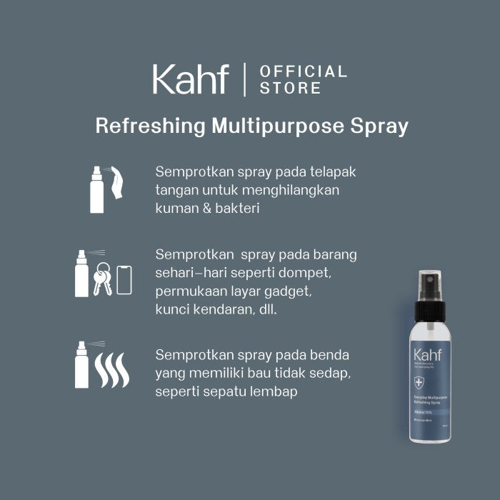 Kahf Everyday Multipurpose Refreshing Spray 100 ml - Spray Higienis Anti Bakteri Menyegarkan dan Mengurangi Aroma Tidak Sedap pada Tangan dan Kaki - Semprotan Disinfektan Antiseptik Membasmi Kuman dan Jamur dalam 10 Detik