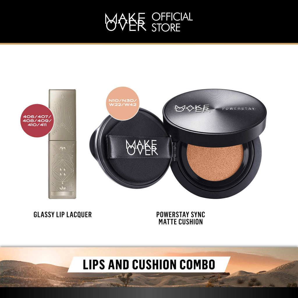 [LIPS AND CUSHION COMBO] NEW SHADES MAKE OVER Glassy Lip Lacquer + Powerstay Sync Matte Cushion -  Lip Gloss Lip Tint Lipcream Lip Cream Lipstick Make Up Pigmented Cushion Tahan Lama Glow