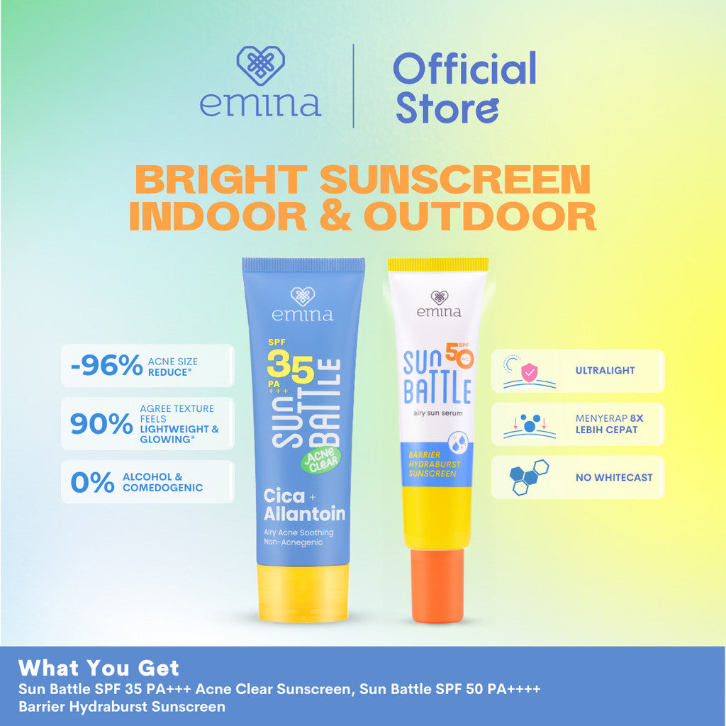 NEW! Emina Max Protection Emina Sun Battle SPF 35 PA+++ Acne Clear Cica + Allantoin Airy Acne Soothing 50ml & Sun Battle SPF 50 - Sunscreen Kulit Berminyak, Berjerawat, Sensitif. Ringan, no whitecast, fresh. Teruji in-vivo non-acnegenic & non-comedogenic