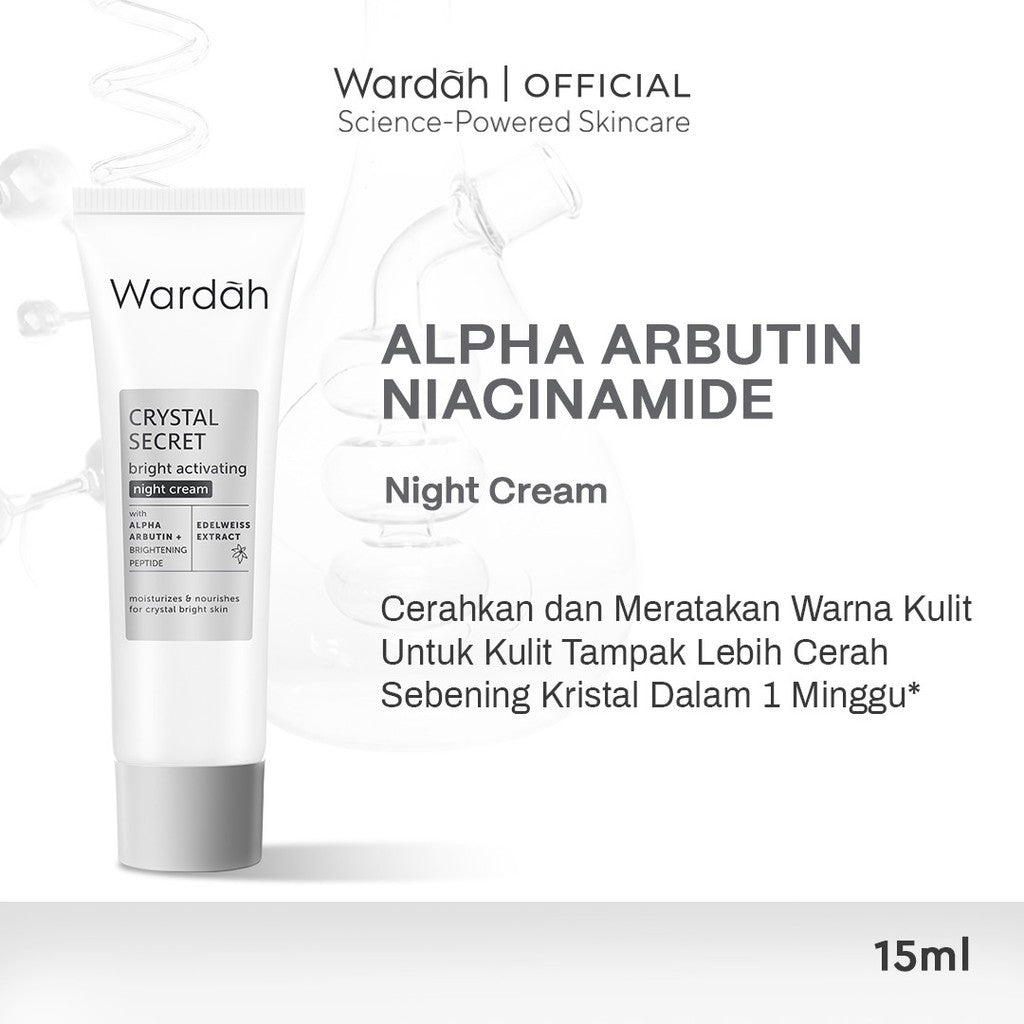 WARDAH Paket Crystal Secret Lengkap - NMF Amino + AHA PHA Clarifying Foaming Cleanser 100 m, a-Arbutin 5% Niacinamide Day Moisturizer 15 g, Bright-Peptide™ 5% Niacinamide Night Moisturizer 15 g - Perawatan Kulit Wajah Sebening Kristal - Skincare